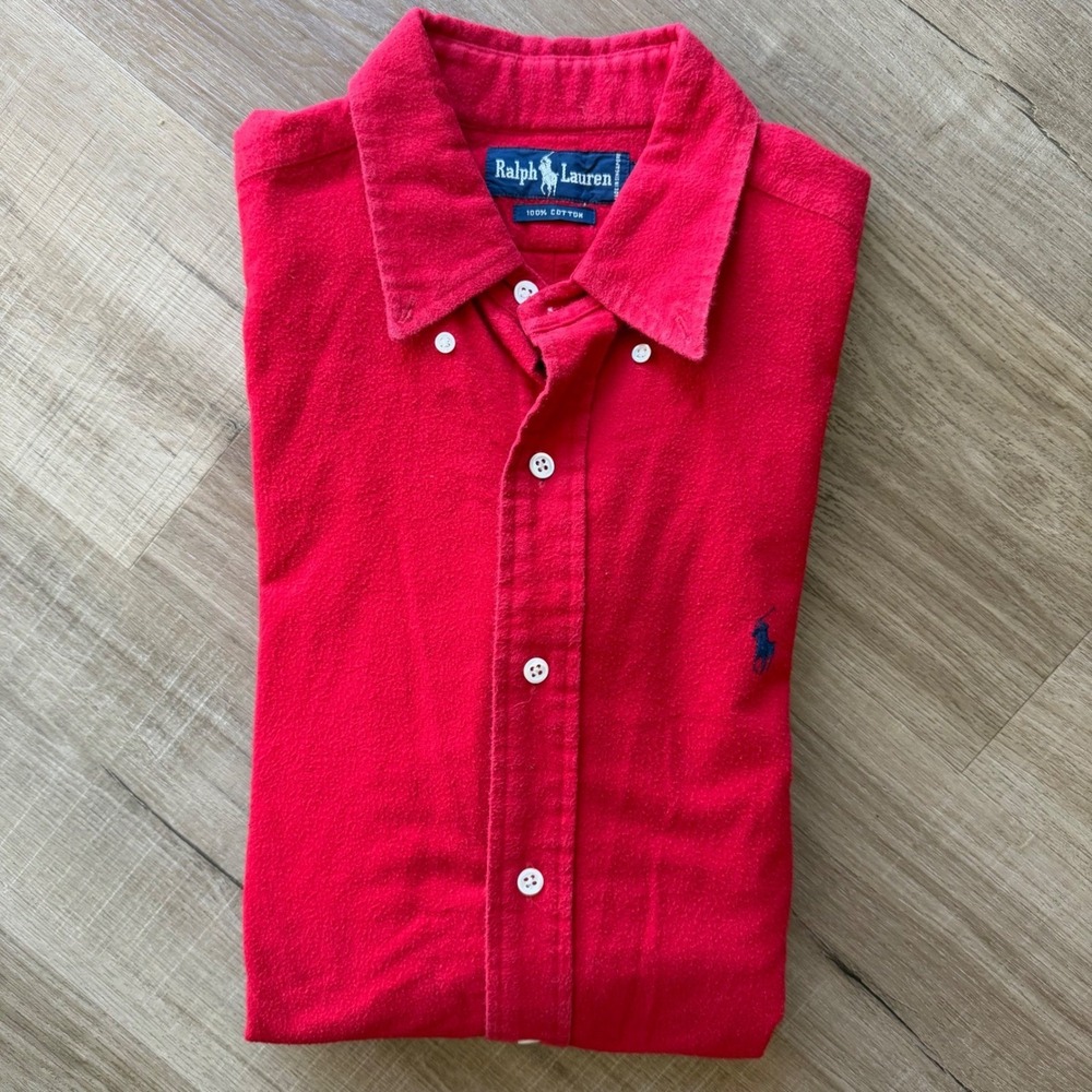 Ralph Lauren Mens Red Flannel Button Down Shirt Long Sleeve Cotton Pony Logo M
